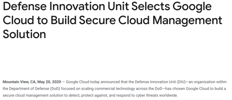谷歌与美国国防部合作百万美金云服务