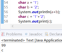 请问在Java中，为什么char相加有时候输出字符，有时候输入ascill码？代码如图