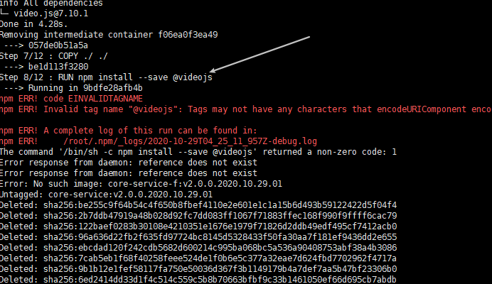 dockerfile 执行 RUN npm install --save @videojs失败