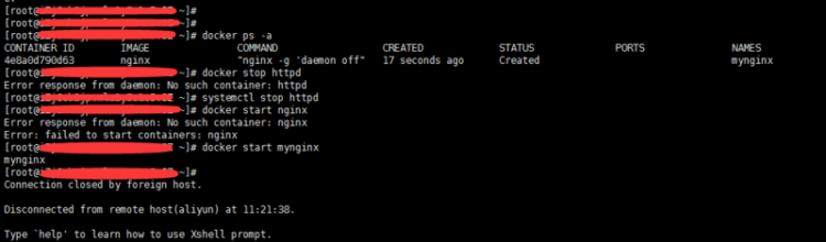 【Docker】阿里云主机用docker创建nginx容器，一启动，远程连接Xshell就断开