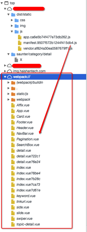 【Vue】webpack + vue2.0 服务端渲染  可以隐藏图中的source的webpack部分吗