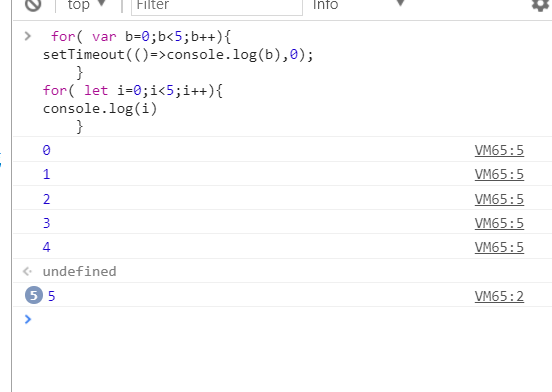 js中用var和let定义循环变量输出，不是应该先输出5个5吗，结果却是01234，5个5