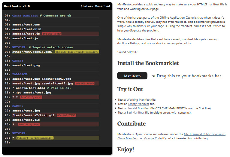 Manifesto 在 HTML5 中离线应用程序缓存校验工具