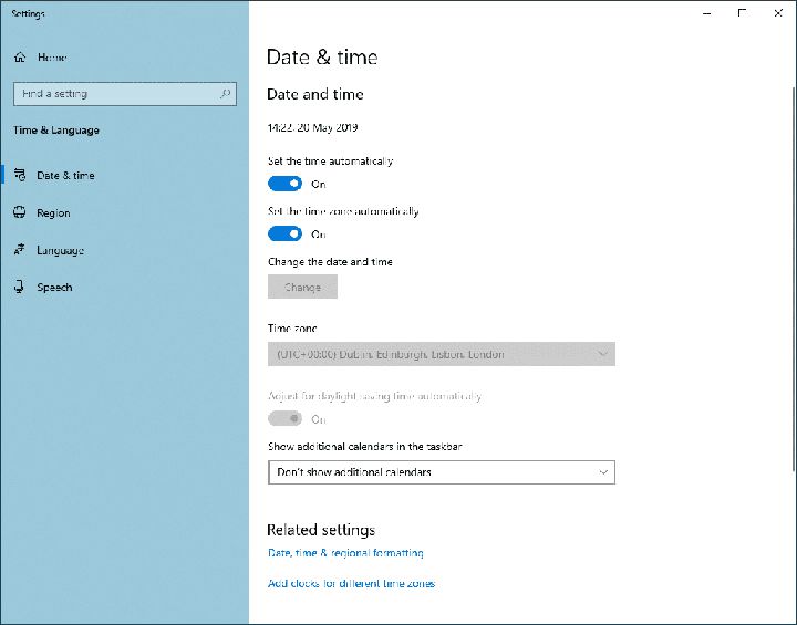 Date and time preferences Windows 10