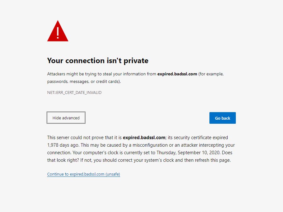 Microsoft Edge 中的 NET--ERR_CERT_DATE_INVALID 错误消息