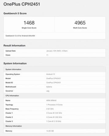 一加 11 全球版在Geekbench 跑分网站，取得单核1468和多核4965分数