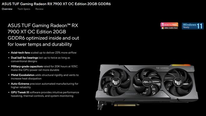 华硕 RX 7900 TUF Gaming 系列显卡频率信息官网公布