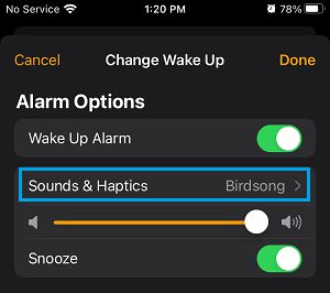 iPhone 时钟应用程序中的声音和肝病设置选项