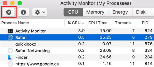 在 Mac 上使用活动监视器强制退出 Safari