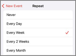 在 iPhone 上选择重复日历事件的频率