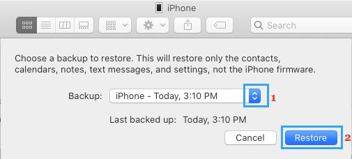 选择备份以在 Mac 上恢复 iPhone