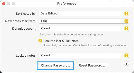 在 Mac 上的 Notes 应用程序中更改密码选项