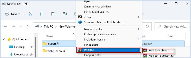 右键单击文件夹并选择 WinRAR > 添加到压缩文件