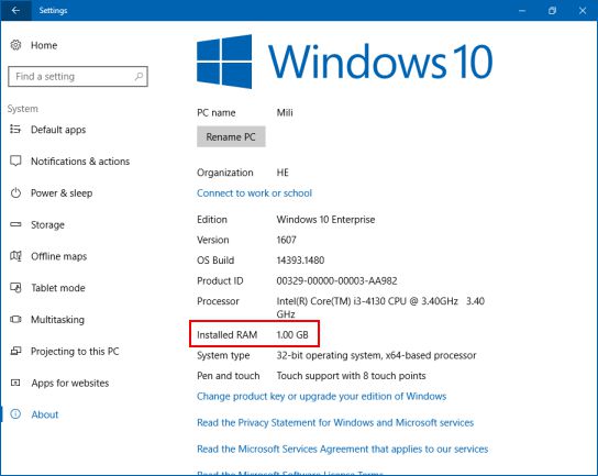 Windows 10 设置中的 RAM