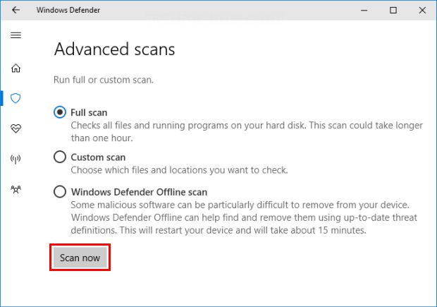 在Win10中使用Windows Defender安全中心运行扫描