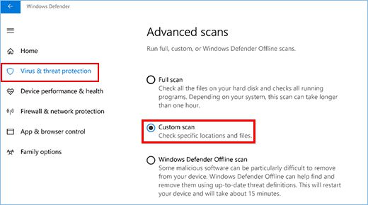 在Win10中使用Windows Defender安全中心运行扫描