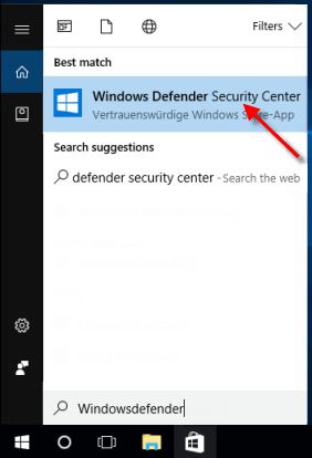 通过搜索打开 Windows Defender 安全中心