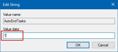将 AutoEndTasks 值设置为 1