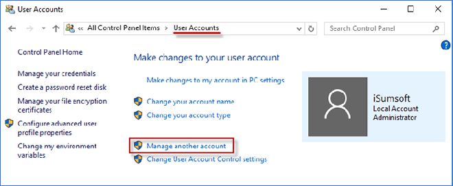进入控制面板 > 用户帐户 > 管理其他帐户选项。