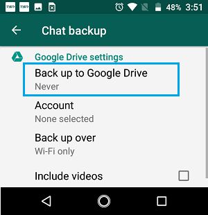 WhatsApp 设置屏幕上的备份到 Google Drive 选项